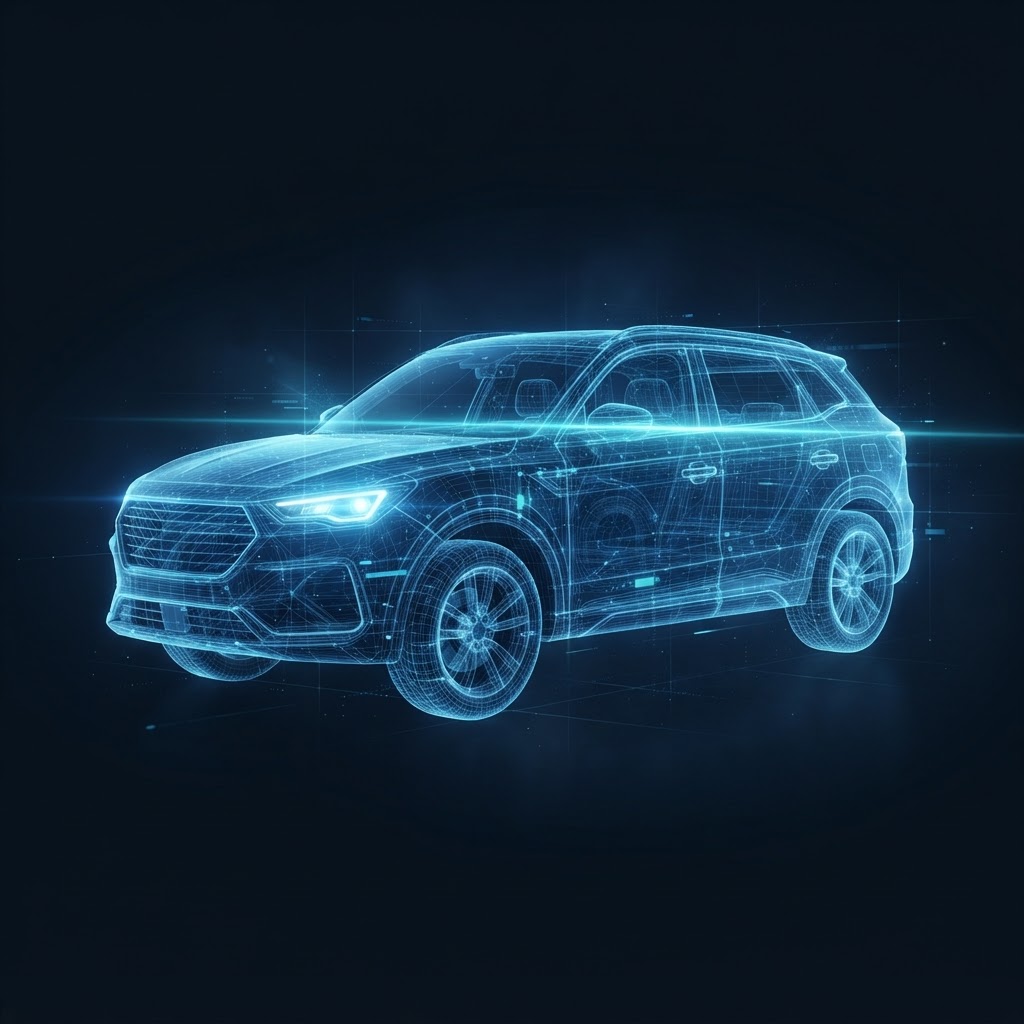 Illustrative graphic of a car wireframe being scanned