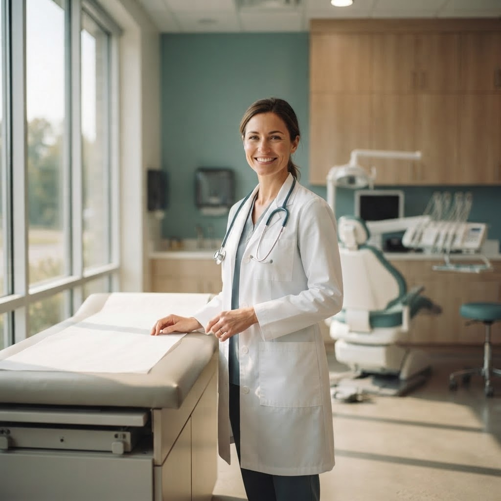 Physician beside an exam table in a bright modern doctor's office