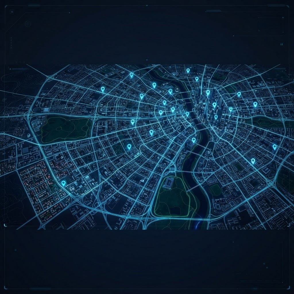 Illustrative aerial city map with location pins and a route line