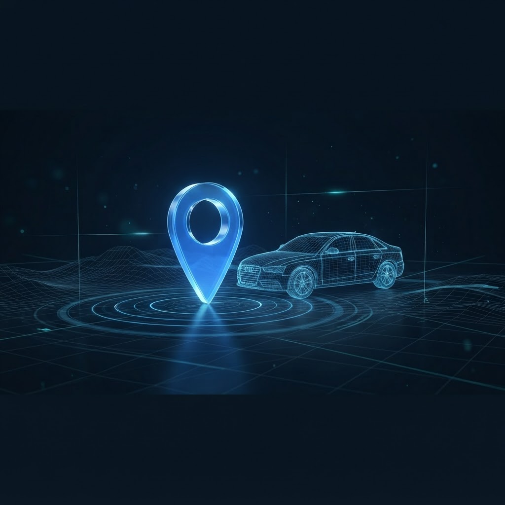 Illustrative graphic of a location pin beacon on a terrain grid