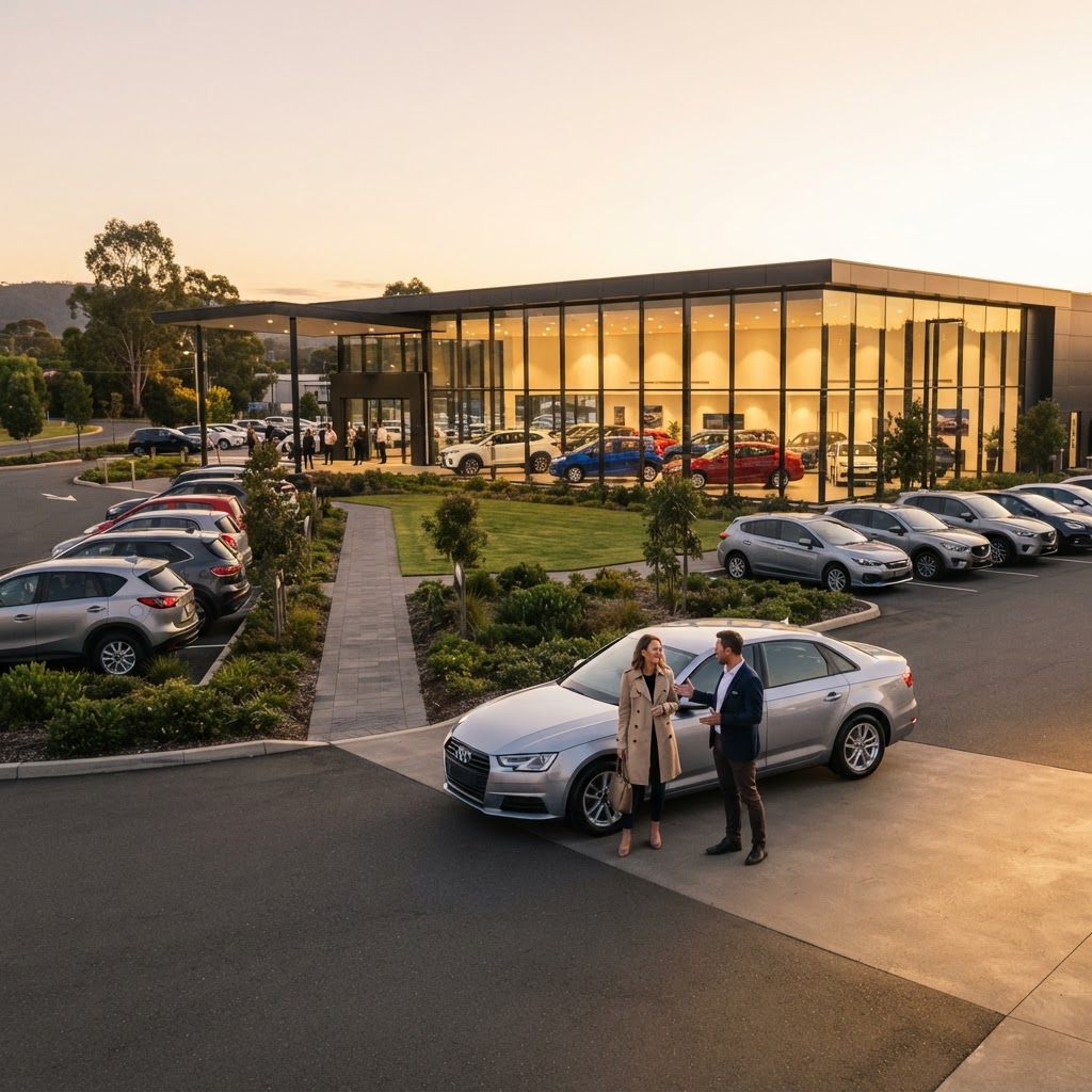 Salesperson and customer beside a sedan in a glass dealership showroom