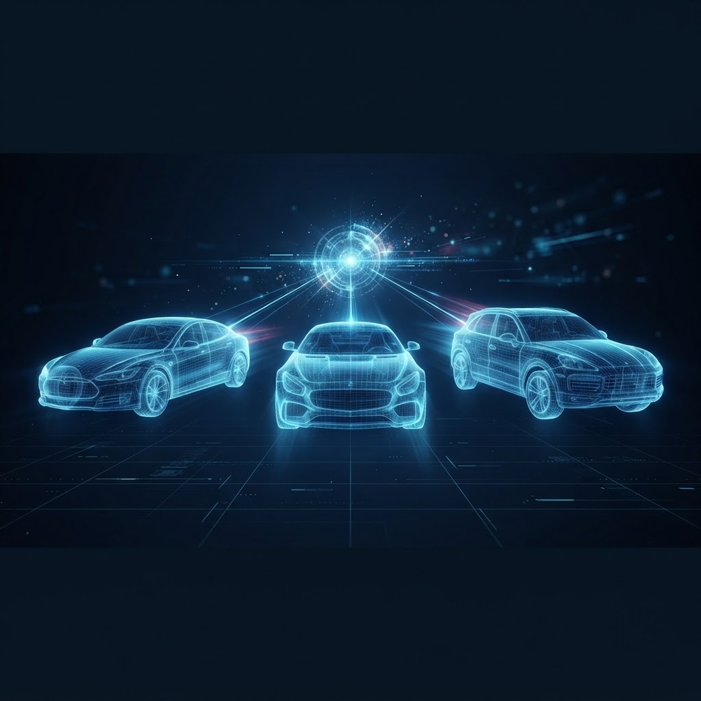 Illustrative graphic of several cars linked to a central data hub