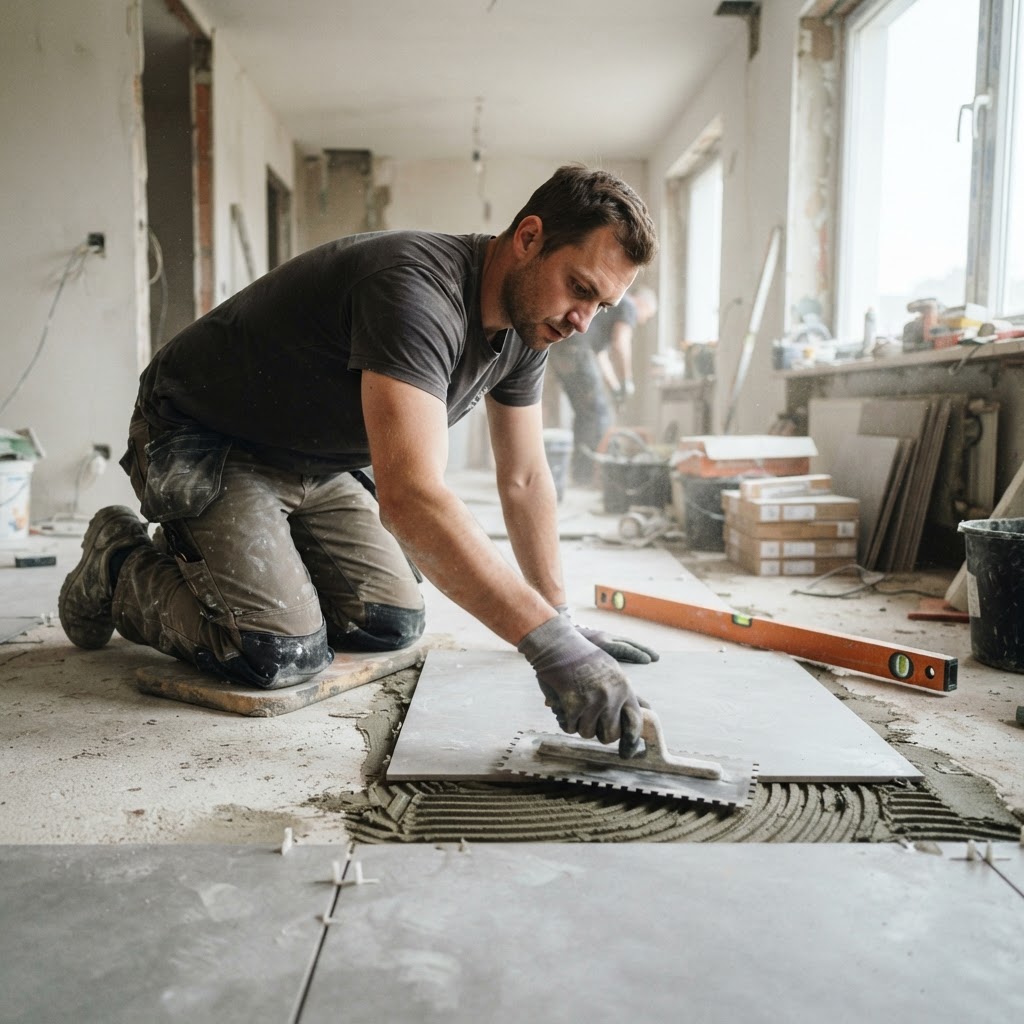 Tradesperson installing ceramic floor tile during a home renovation