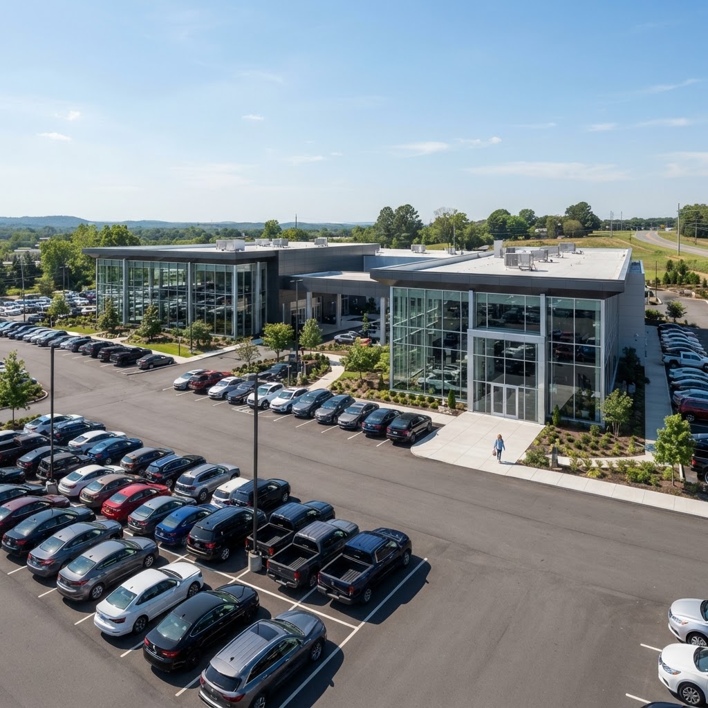 Rows of new vehicles on the lots of a multi-location dealership campus