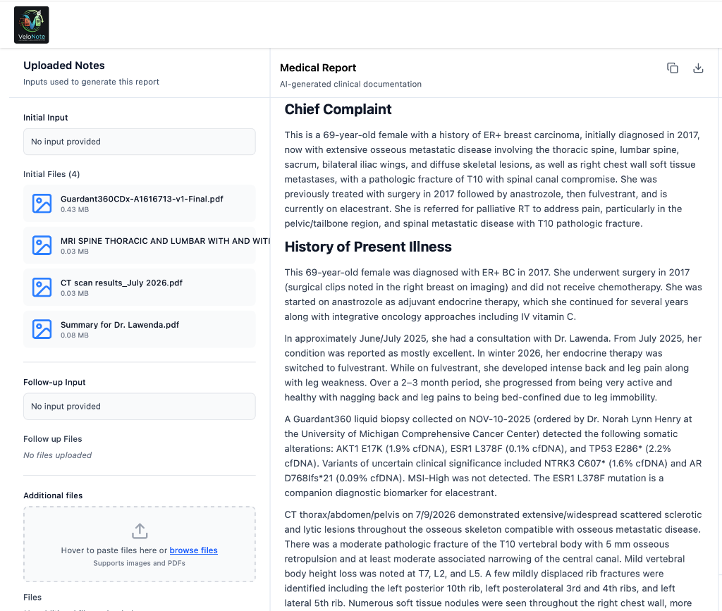 VeloNote workspace: uploaded source records on the left become a structured AI-generated clinical draft on the right