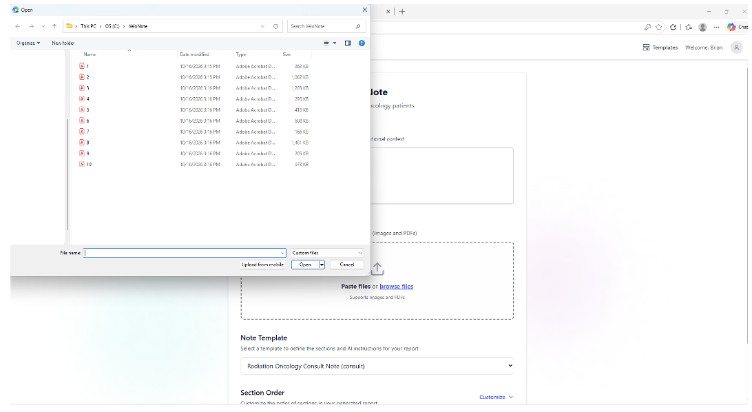 VeloNote screenshot: Upload Patient Records