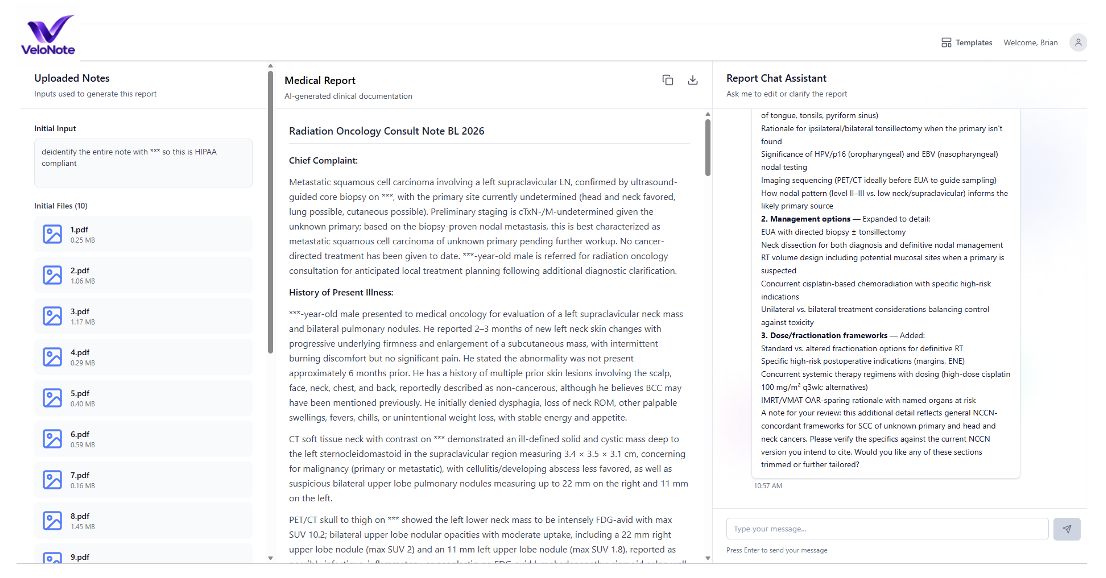 VeloNote screenshot: the completed consultation note