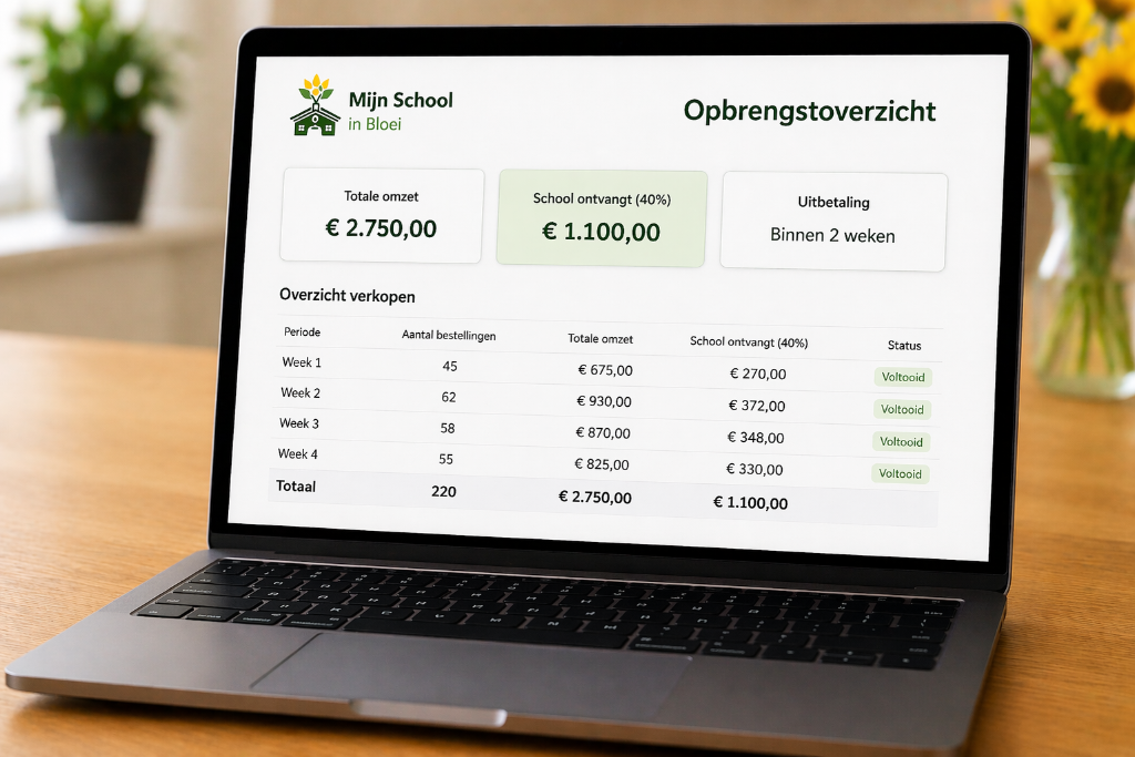 Stap 6: Opbrengst - De school ontvangt altijd 40% van de totale omzet.
