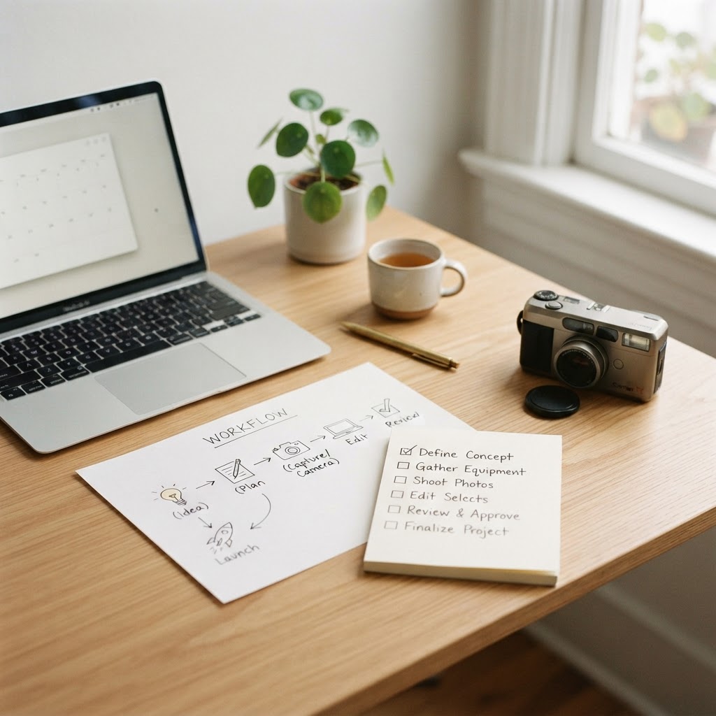 clean workflow diagram on a desk — laptop, camera, checklist, warm tones