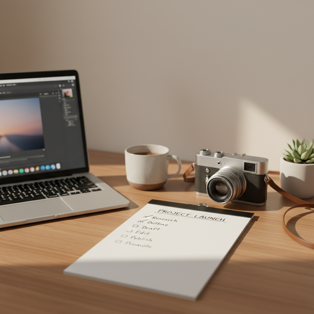 checklist on a desk with a laptop and camera, warm tones
