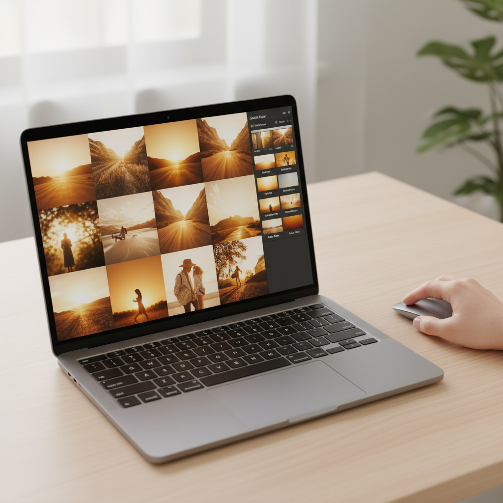 overhead of a laptop with photo thumbnails, color grading presets visible, warm tones