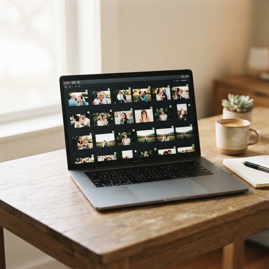 laptop showing a proofing gallery with thumbnails and approval checkmarks, warm tones