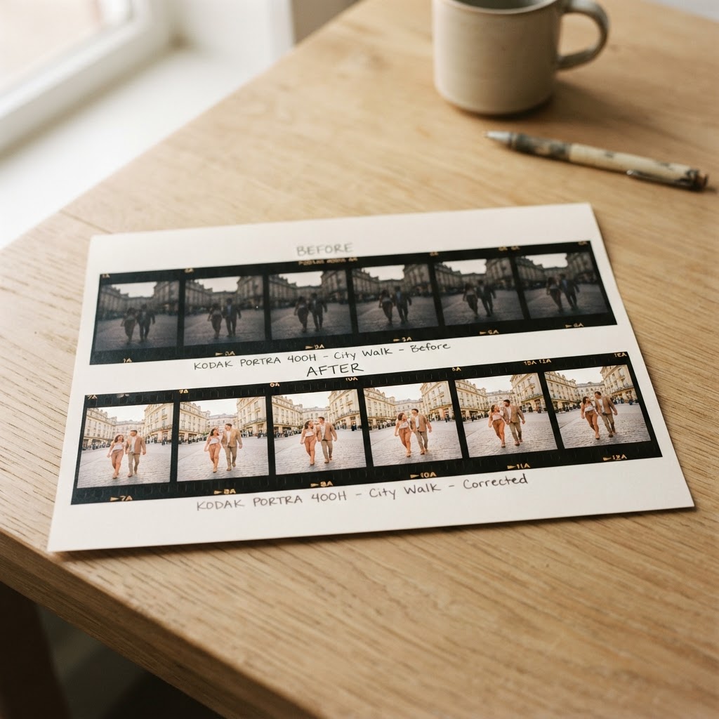 contact sheet showing before/after global color and exposure adjustments, warm tones
