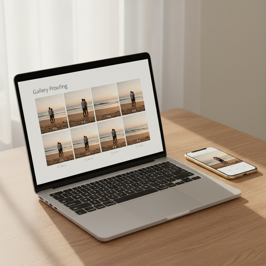 laptop showing a clean gallery proofing interface with mobile phone beside it, warm tones