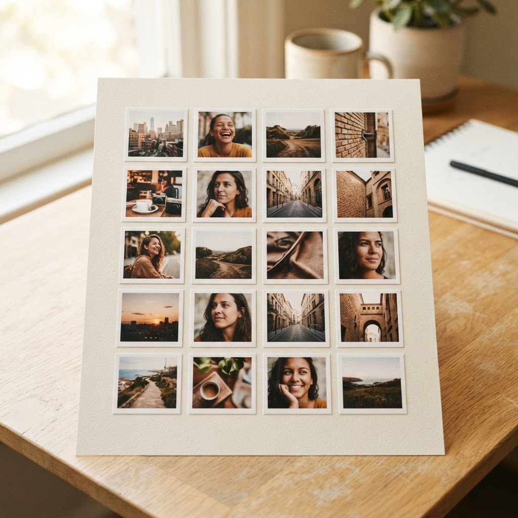 grid of photo thumbnails showing a balanced gallery layout, warm tones