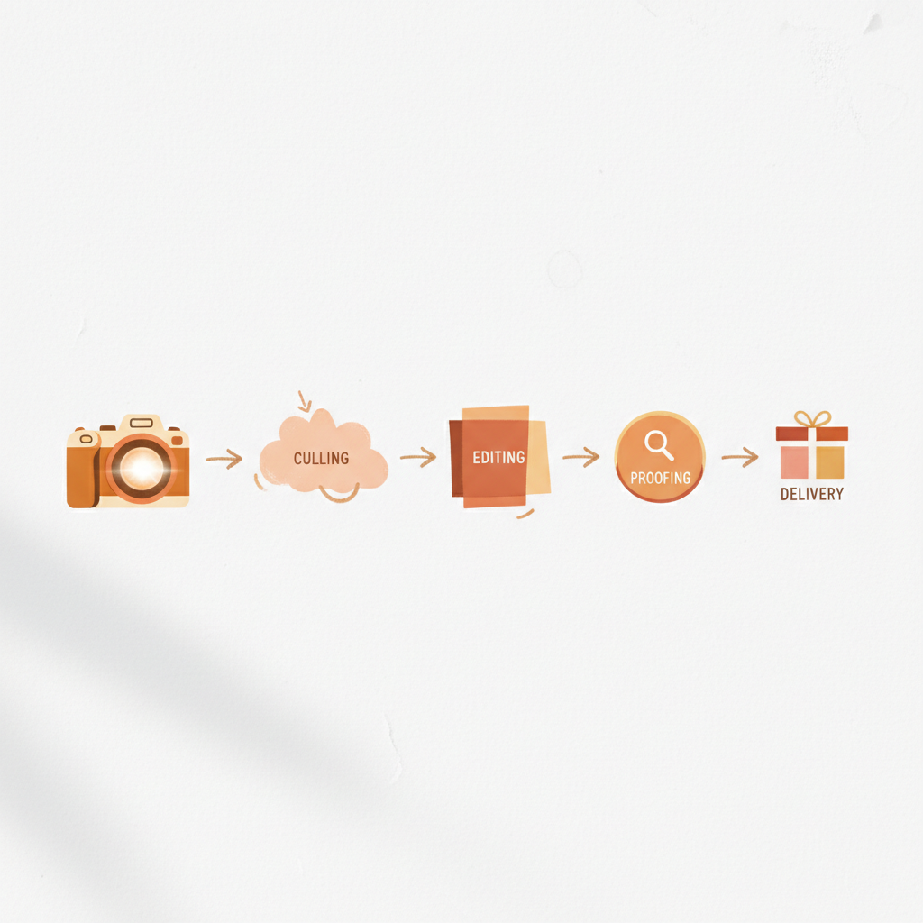 clean workflow diagram showing arrows from camera to culling to editing to proofing to delivery, warm tones