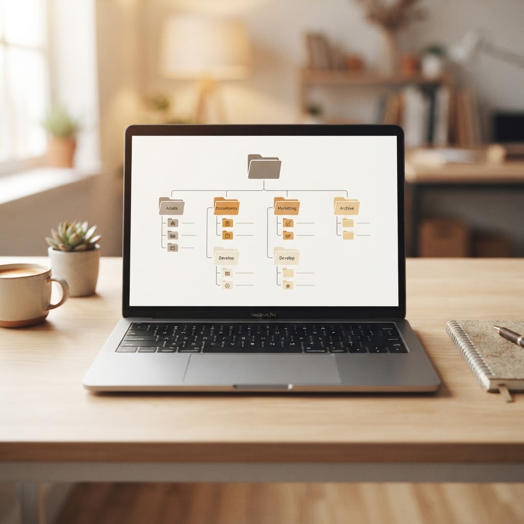 clean folder structure diagram on a laptop screen, warm tones