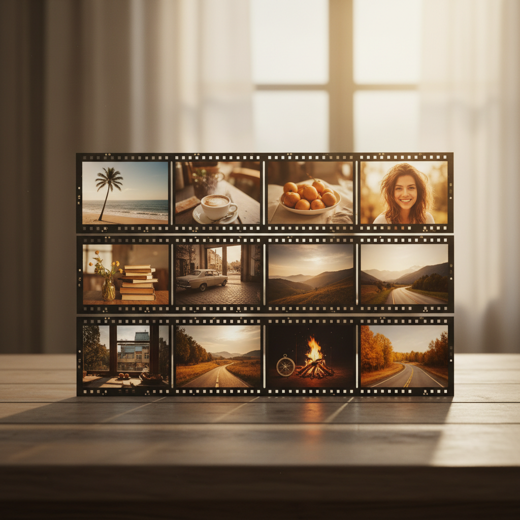 contact-sheet-style grid of curated selects on a wooden table, warm tones