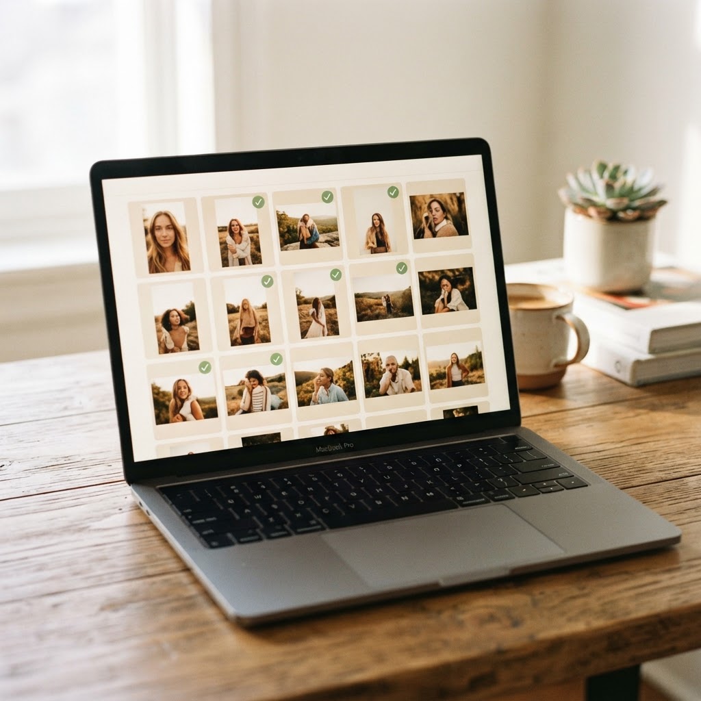 laptop showing a clean photo proofing gallery grid with selection checkmarks, warm tones