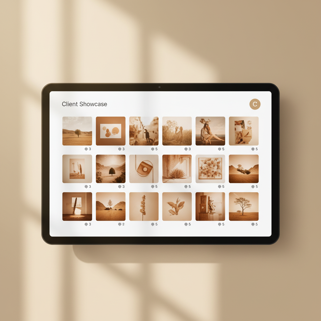 screenshot of a polished online client gallery interface with image thumbnails and comment icons, warm tones