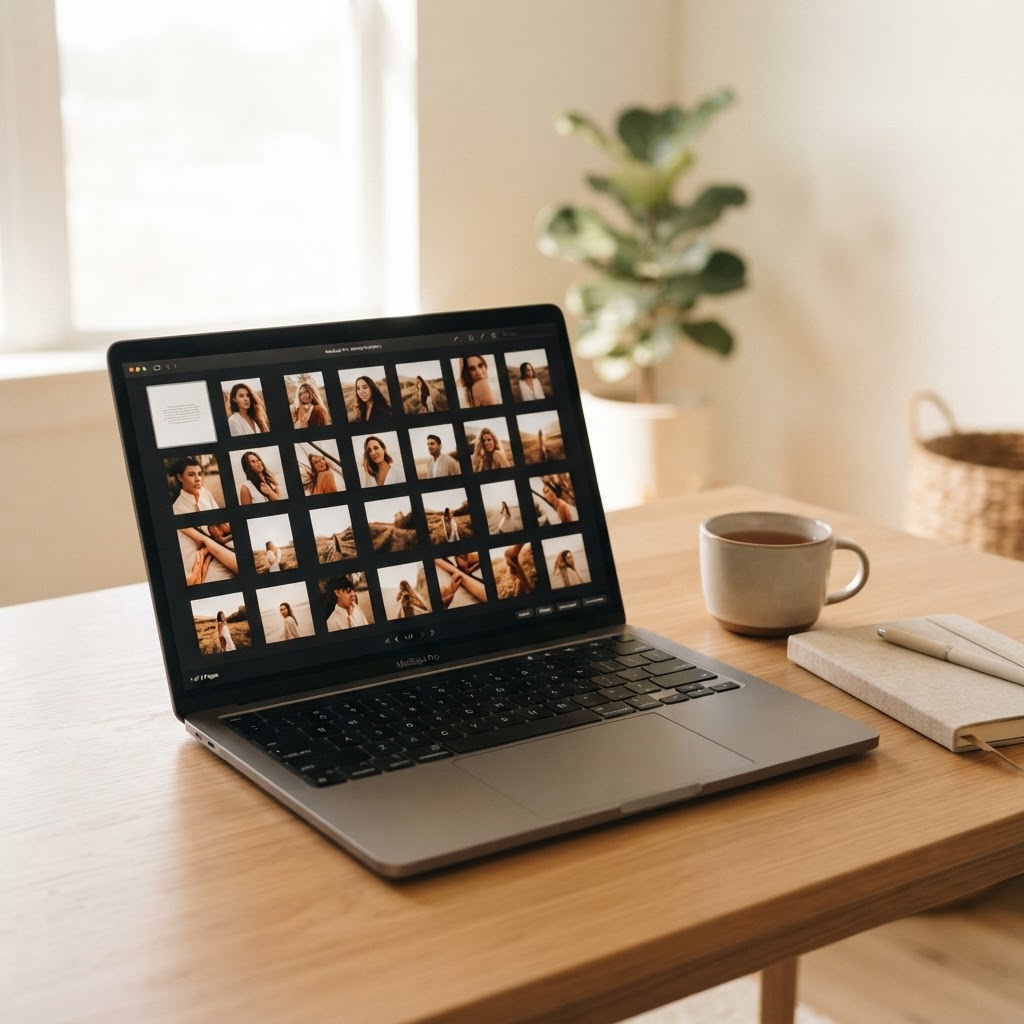 laptop showing a clean proofing gallery grid and edit thumbnails, warm tones