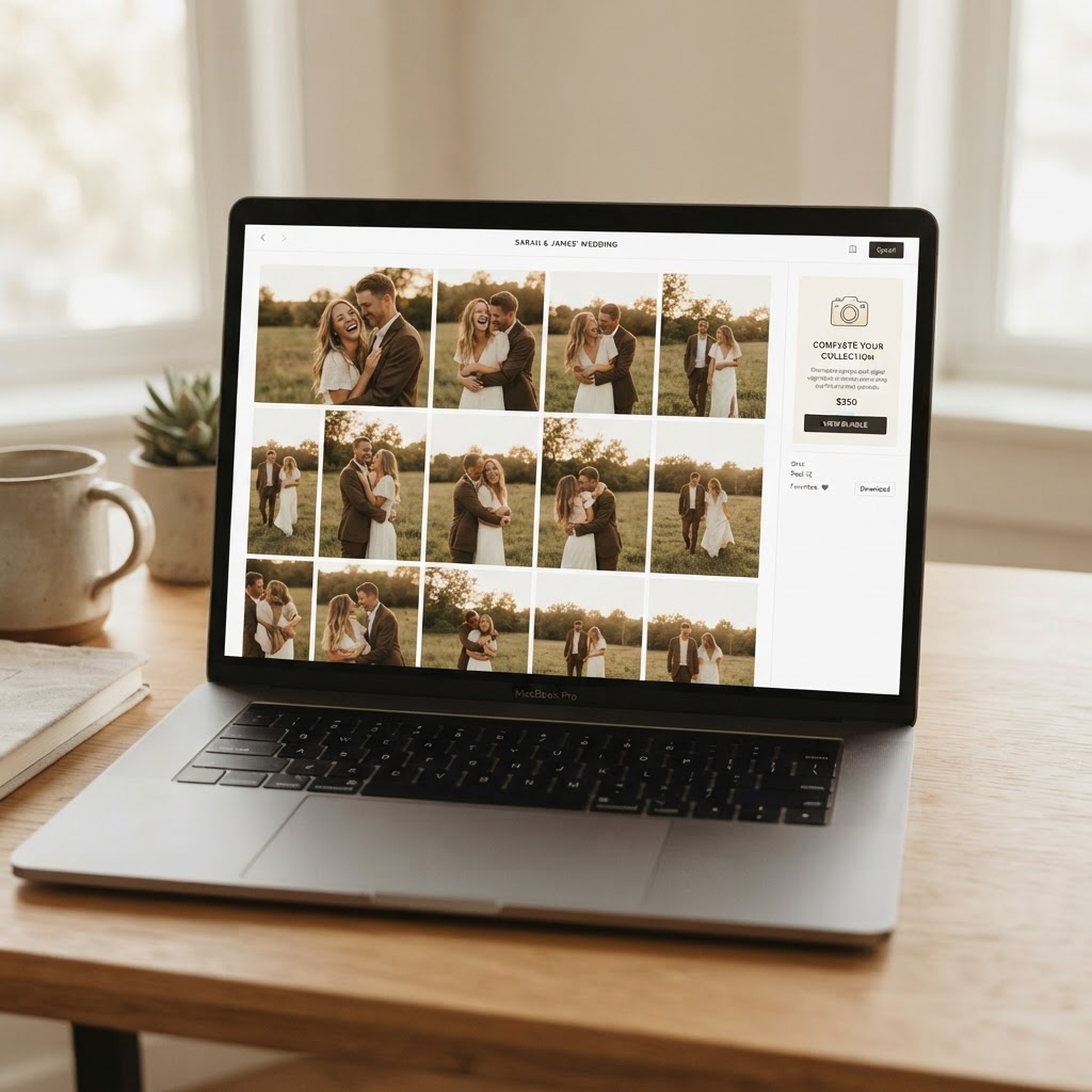 warm-toned screenshot of a client gallery with a small upsell banner offering a digital image bundle