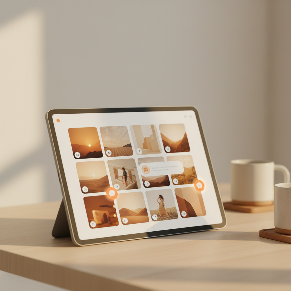 screenshot of a clean online gallery proofing interface with numbered thumbnails and comment pins, warm tones