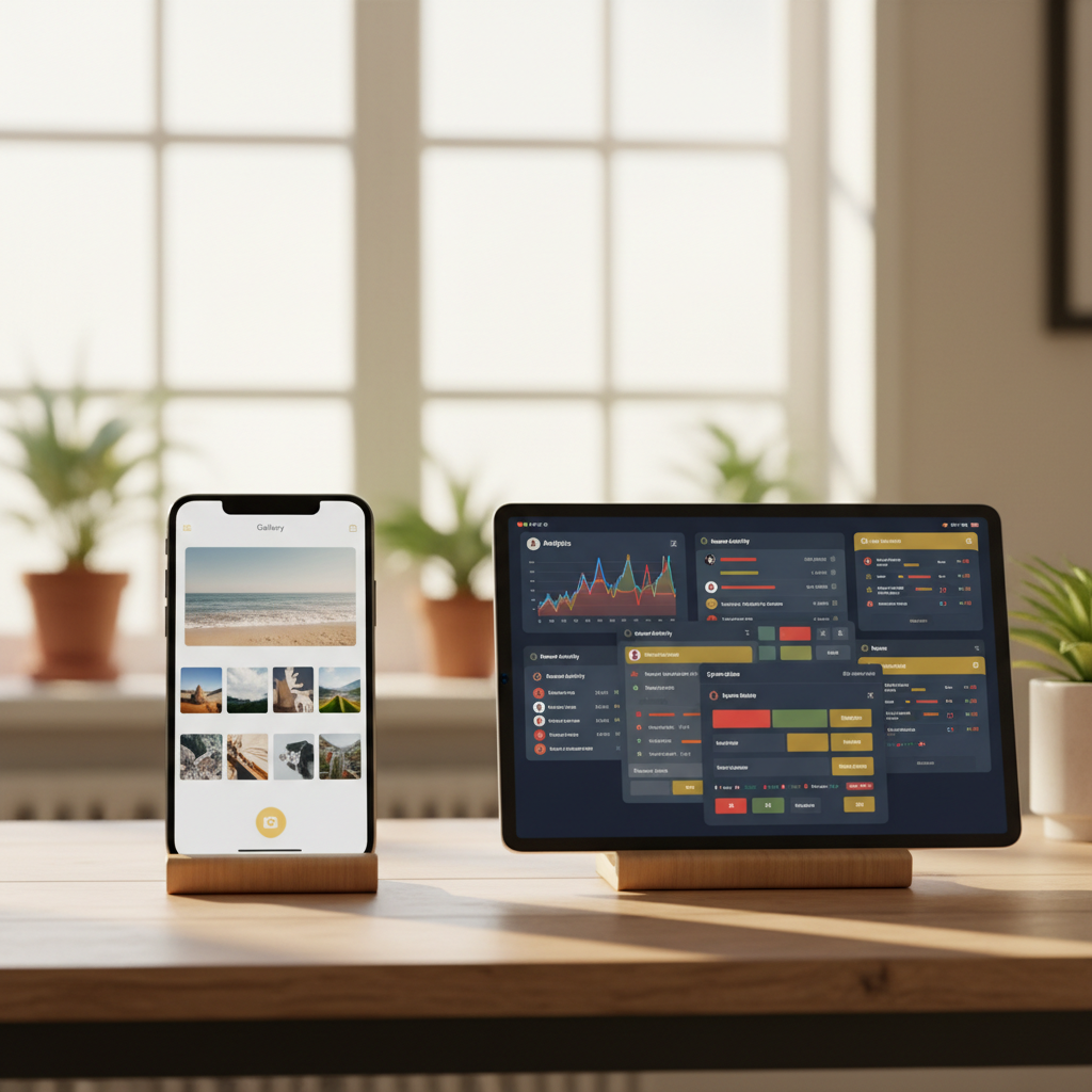 side-by-side screenshots of a simple mobile gallery and a cluttered admin dashboard, warm tones