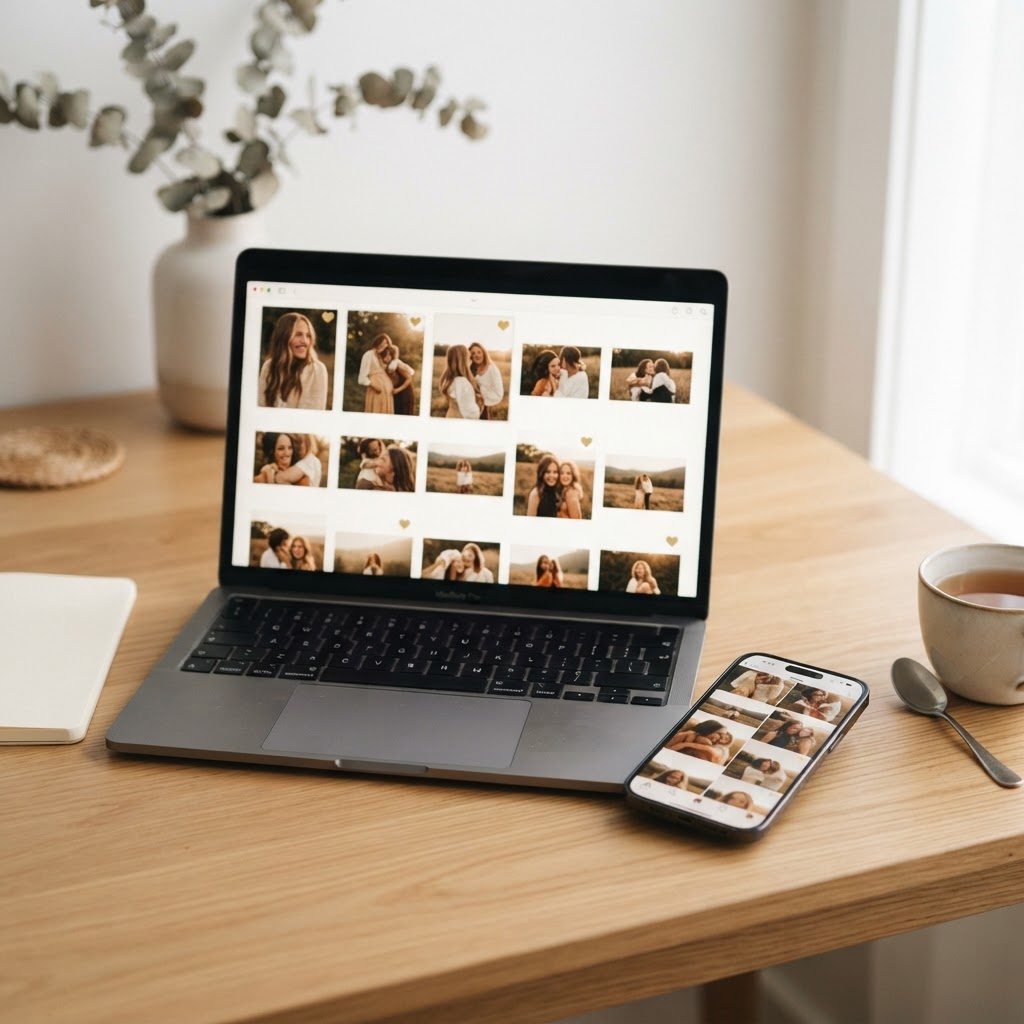 laptop showing a warm-toned client gallery with favorites highlighted and a mobile phone displaying a sneak-peek slidesh