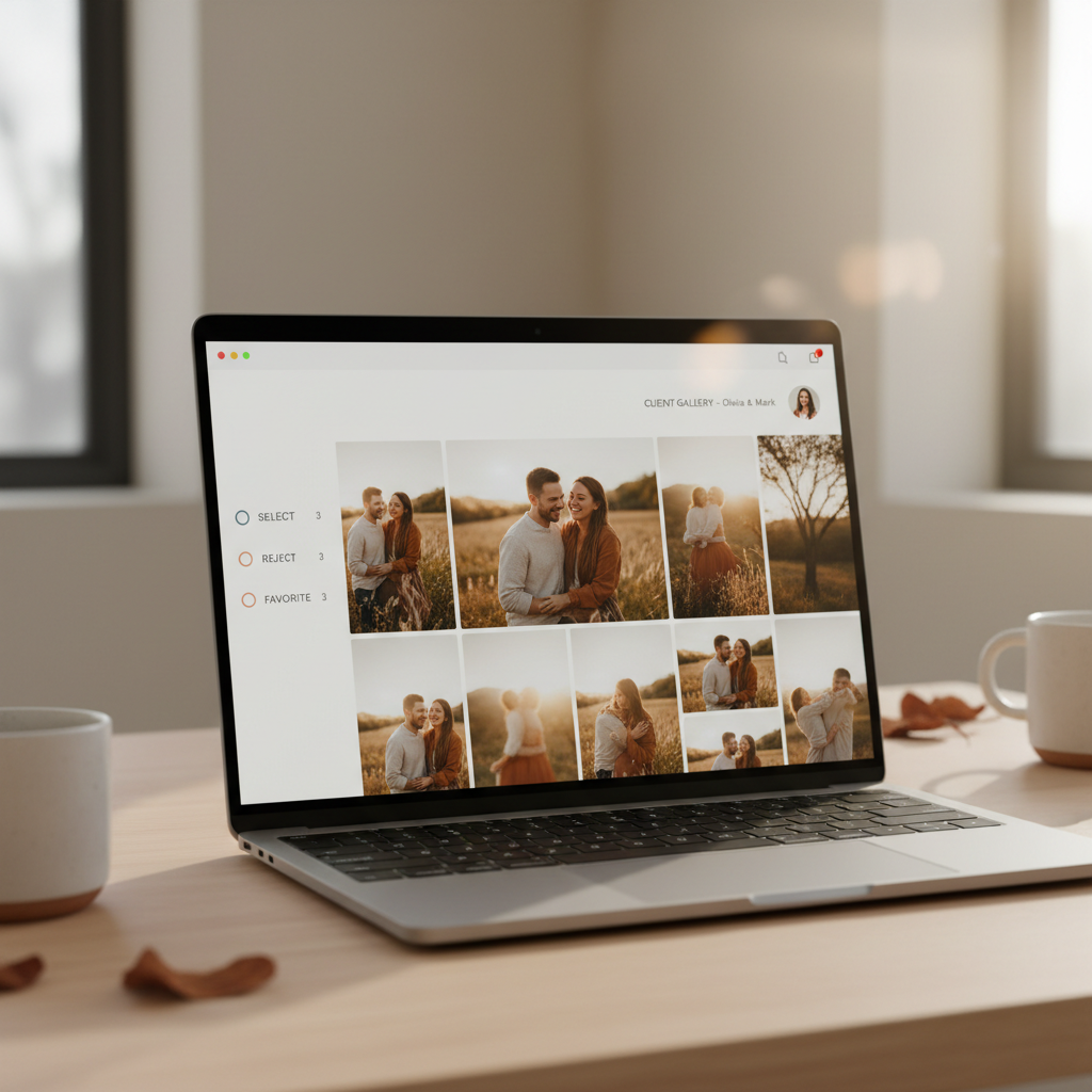 clean photo proofing gallery UI on a laptop, warm tones