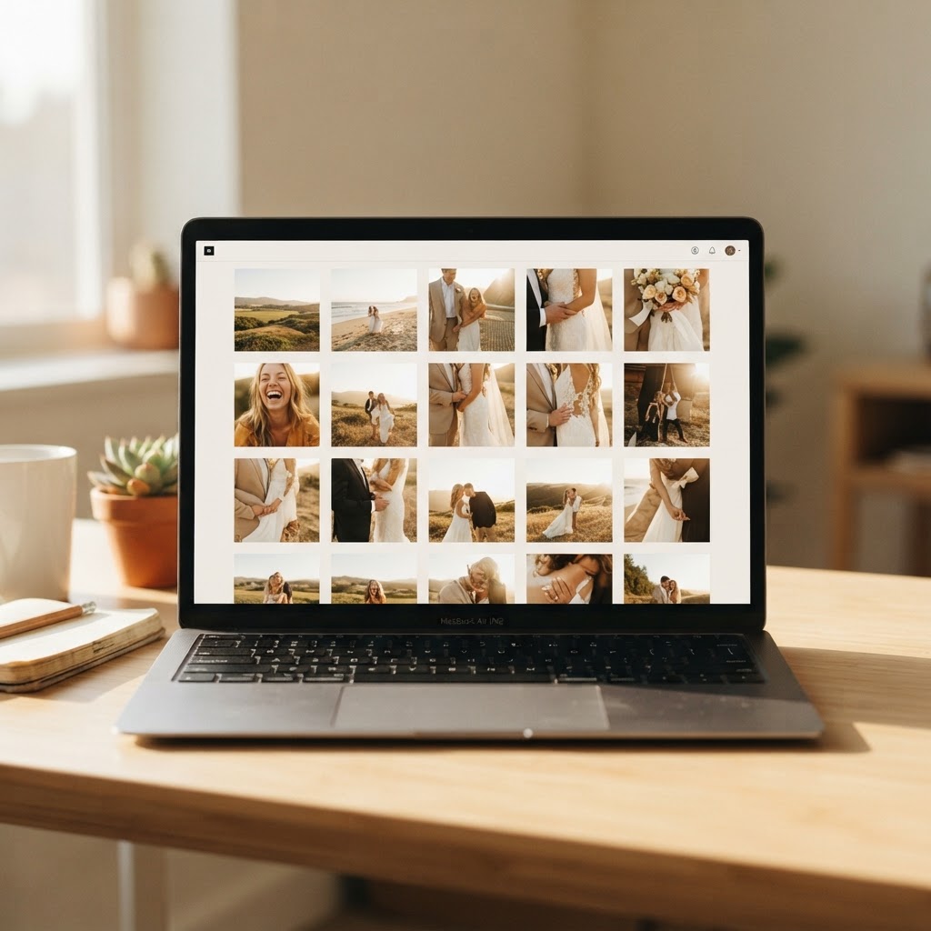 grid of photo thumbnails in an online proofing gallery, warm tones