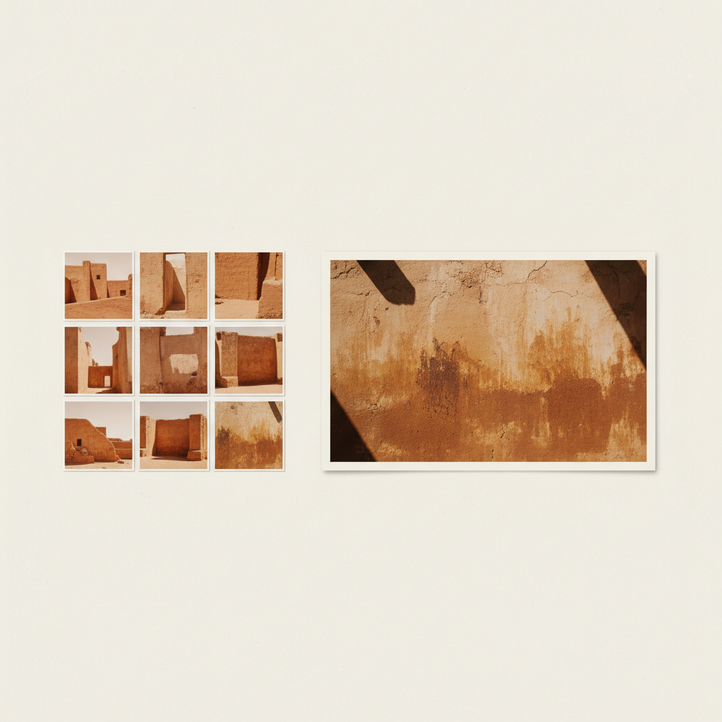 grid of photo thumbnails and one enlarged proof, neutral warm tones, no people visible