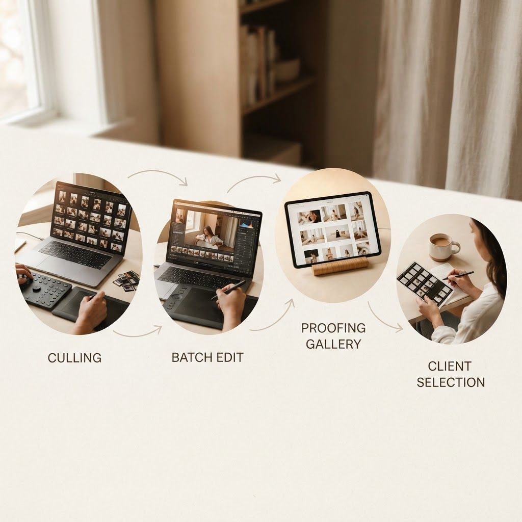 visual workflow diagram showing culling → batch edit → proofing gallery → client selection in warm tones