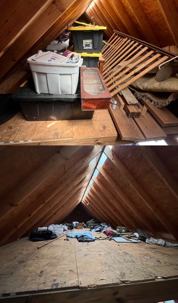 Cluttered Nashville attic before cleanout - boxes, storage bins, and accumulated items