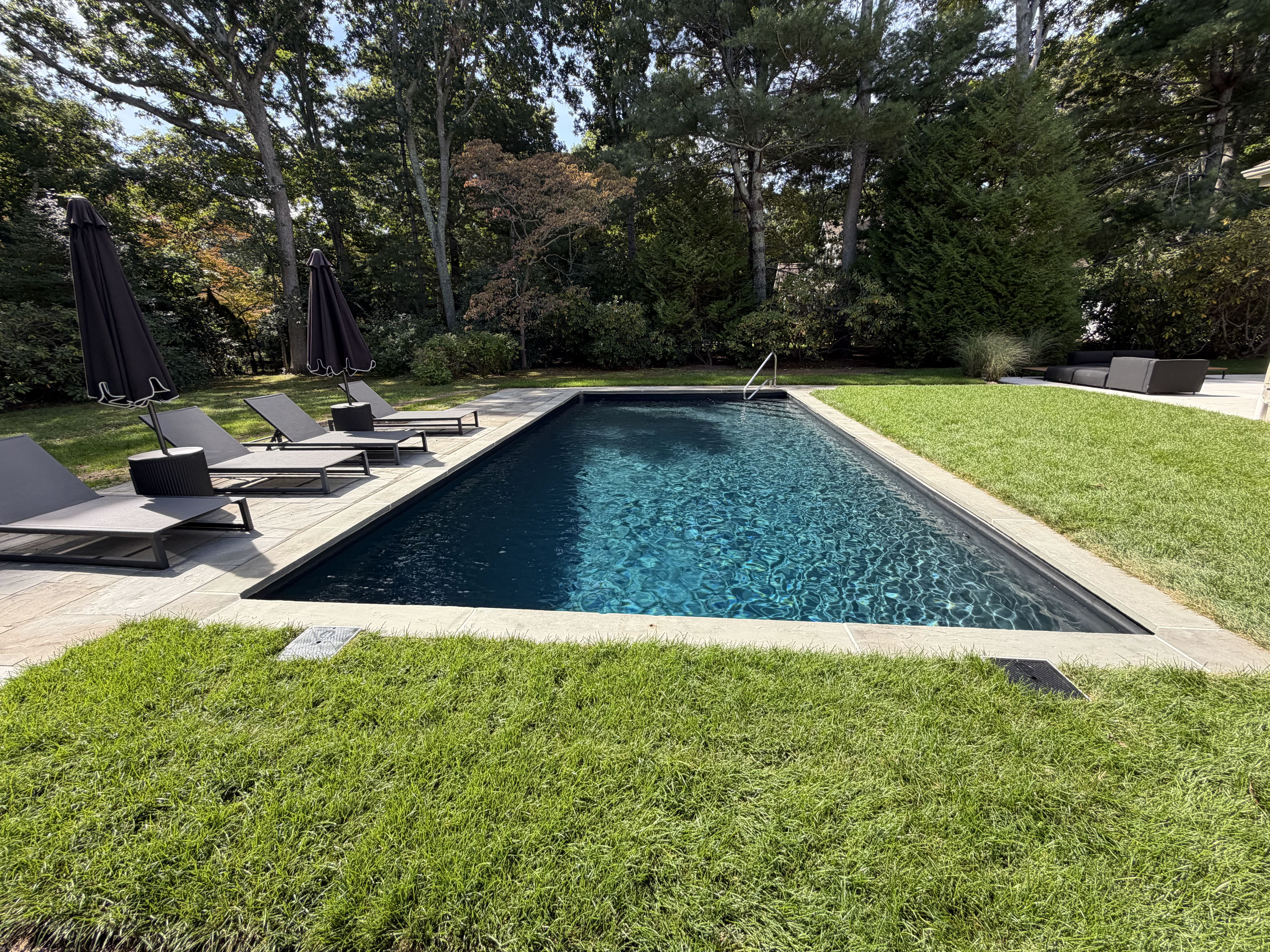 Pool surrounded by lawn and trees at Boisrose