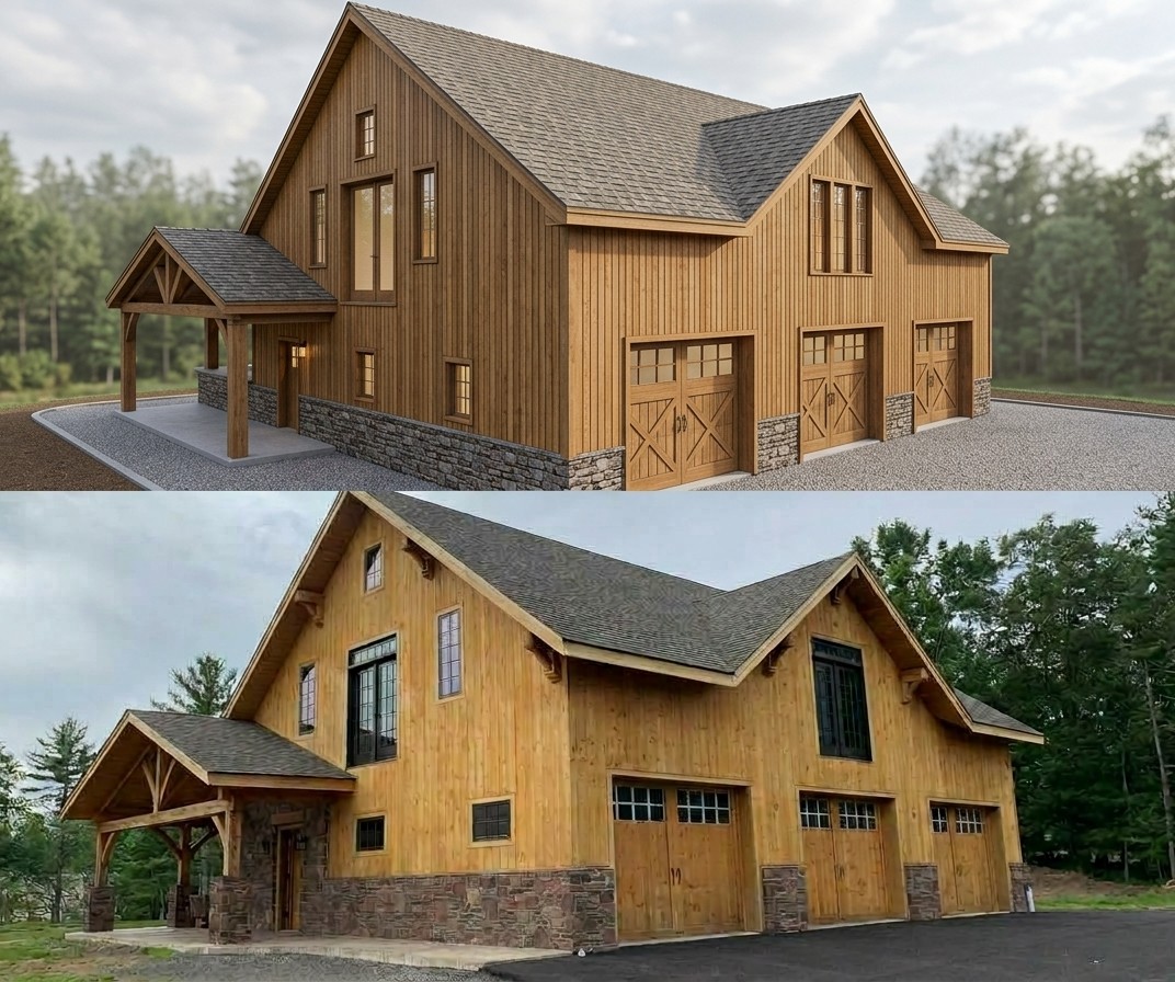 Timber frame barn design rendering next to the finished project