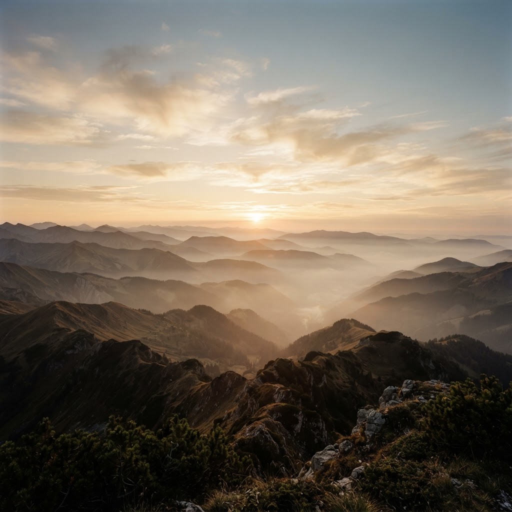 Golden mountain sunrise above layered mountains and clouds