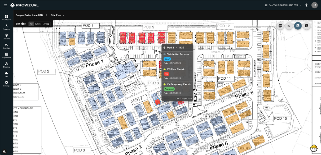 Provizual BTR site plan with inspection status by unit