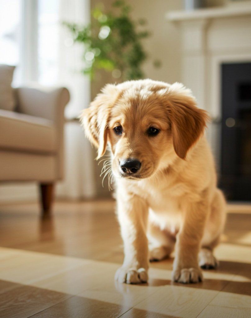 Happy golden dog in bright home environment safe with plant-based cleaning