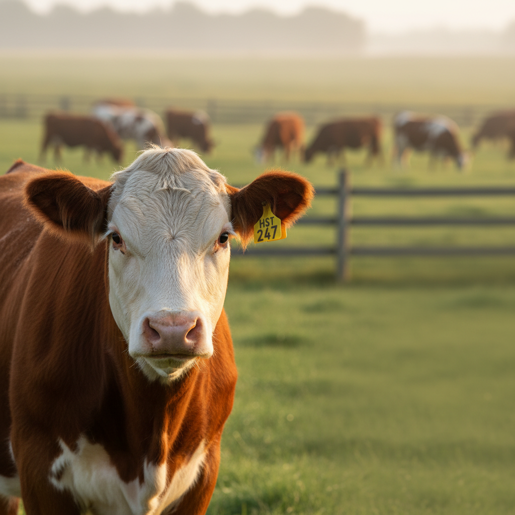 A Hereford cow with a HerdStat ear tag in a pasture with the herd behind