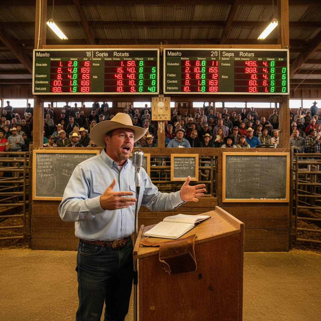 Livestock auctioneer at the auction block speaking into a microphone