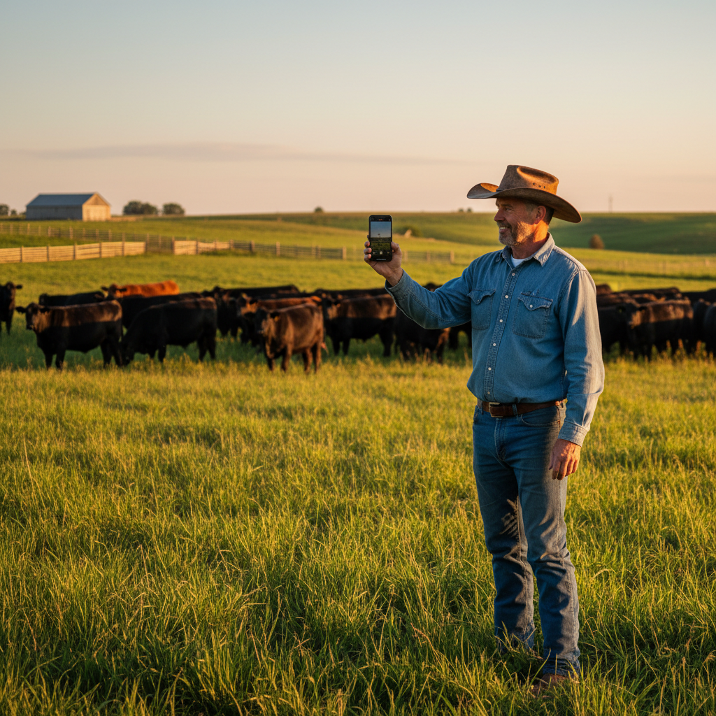 A rancher in a pasture filming his cattle herd on a smartphone