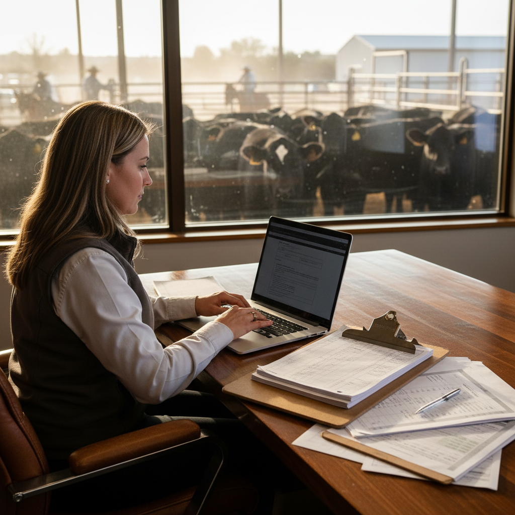 Sale barn office staff entering cattle consignment details on a laptop