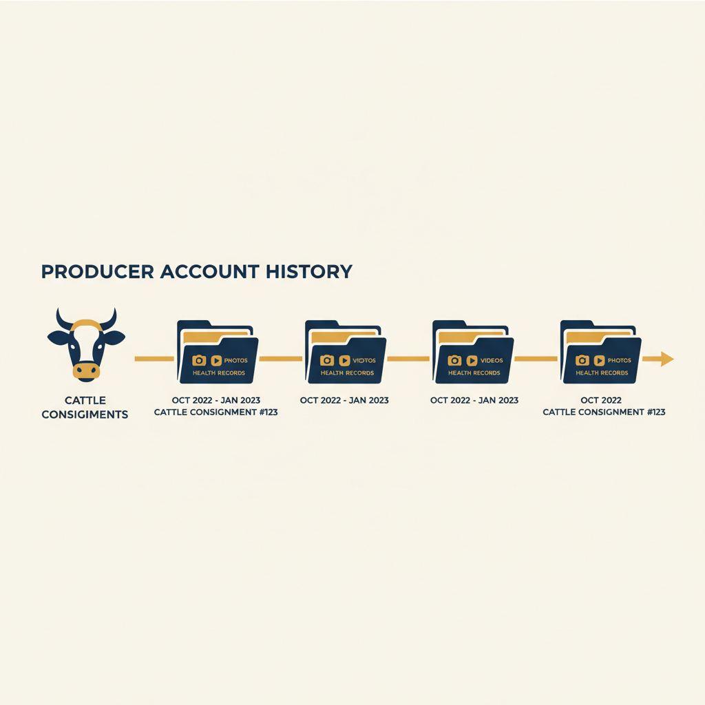 Organized archive of past cattle consignments, photos, videos and health records infographic
