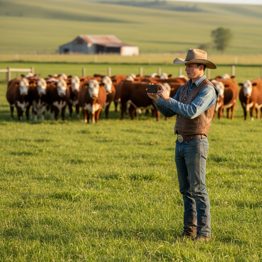 Ranch field rep filming Hereford and Red Angus cattle horizontally with a smartphone