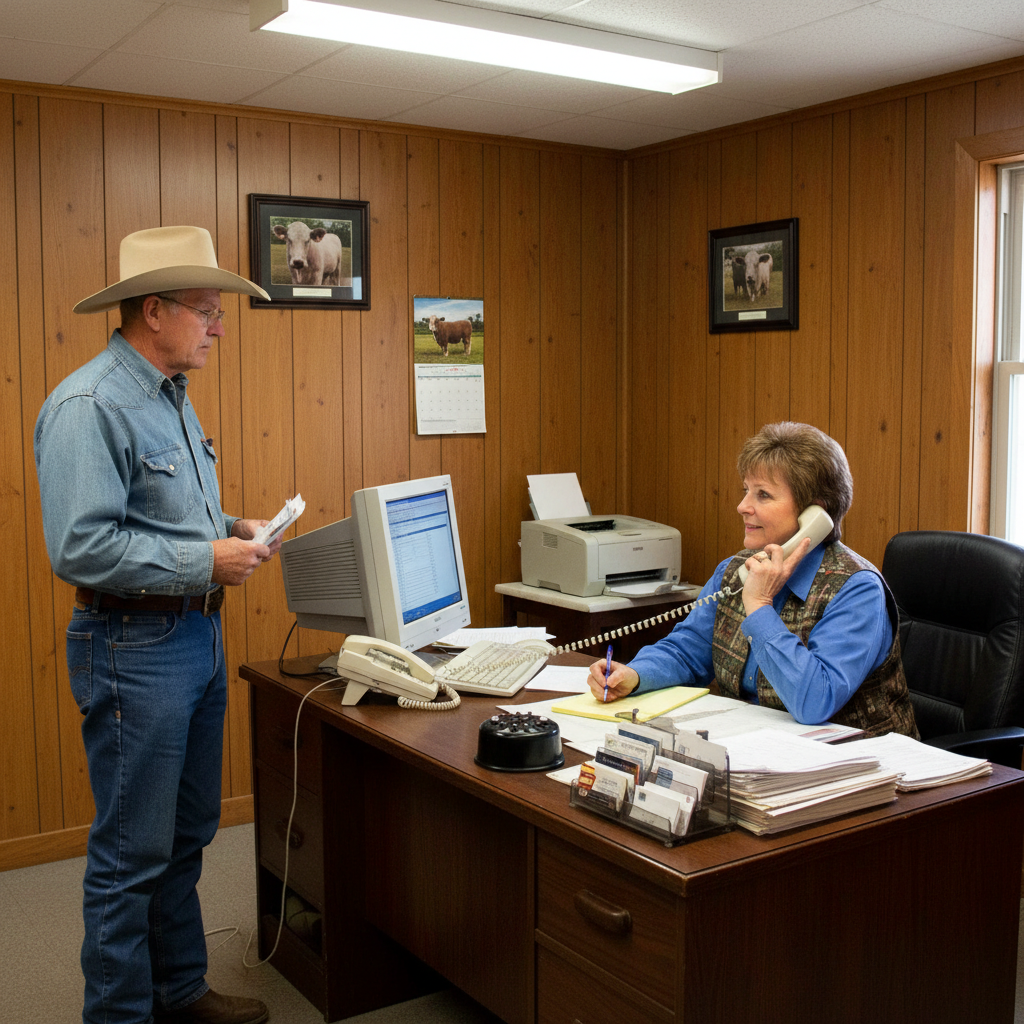 A busy sale barn office manager on the phone taking notes while a rancher waits with paperwork
