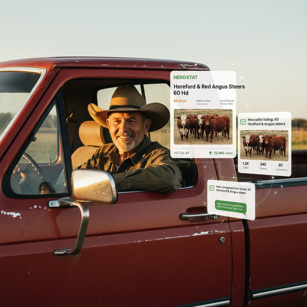 A rancher in an old pickup truck watching his cattle listing go viral across online, email, and SMS