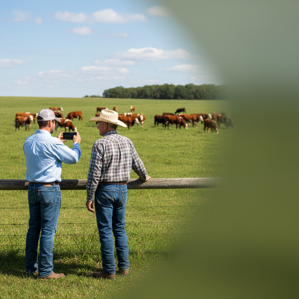 A sale barn field rep filming cattle on his phone with the rancher beside him