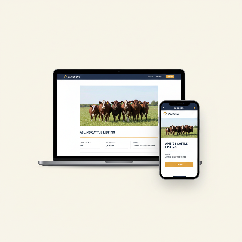 Dedicated online cattle listing landing page mockup infographic