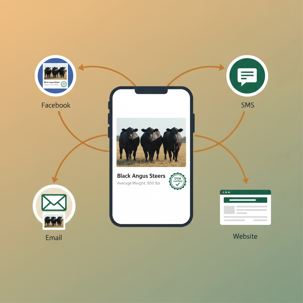 A cattle consignment listing shared across social media, SMS, email, and websites